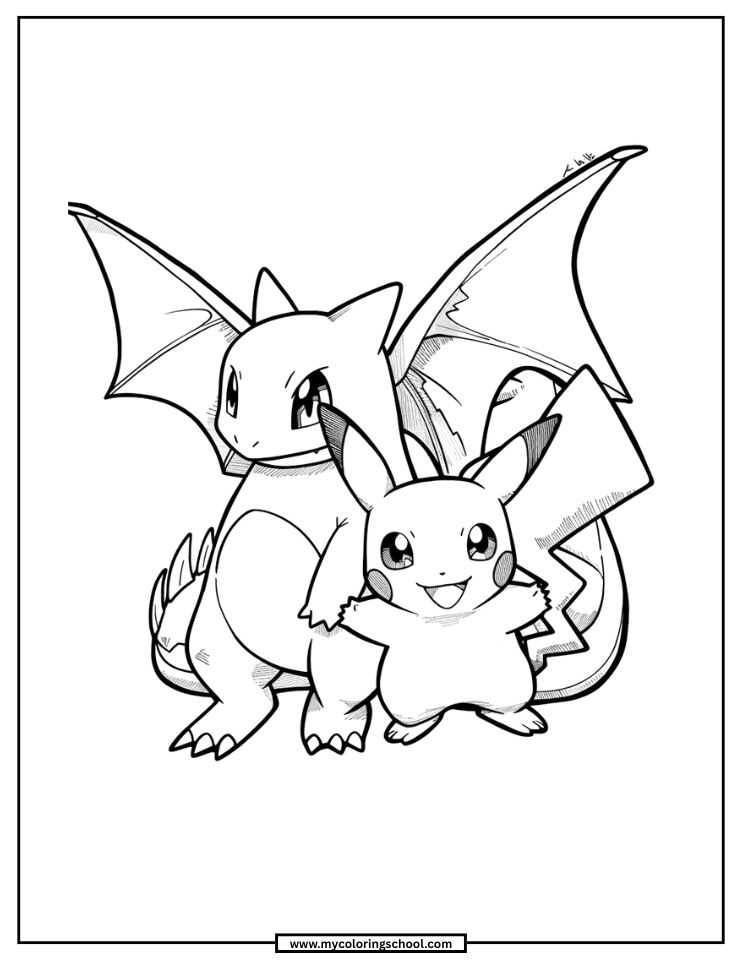 Charizard and Pikachu Coloring Page