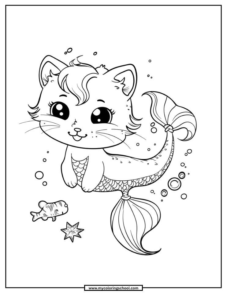 Mermaid Cat Coloring Page